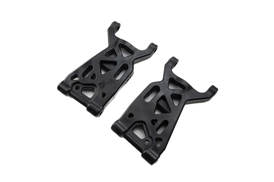 Two black plastic front suspension arms for a 1/5 scale Losi RC vehicle, shown from a top-down angle on a white background.