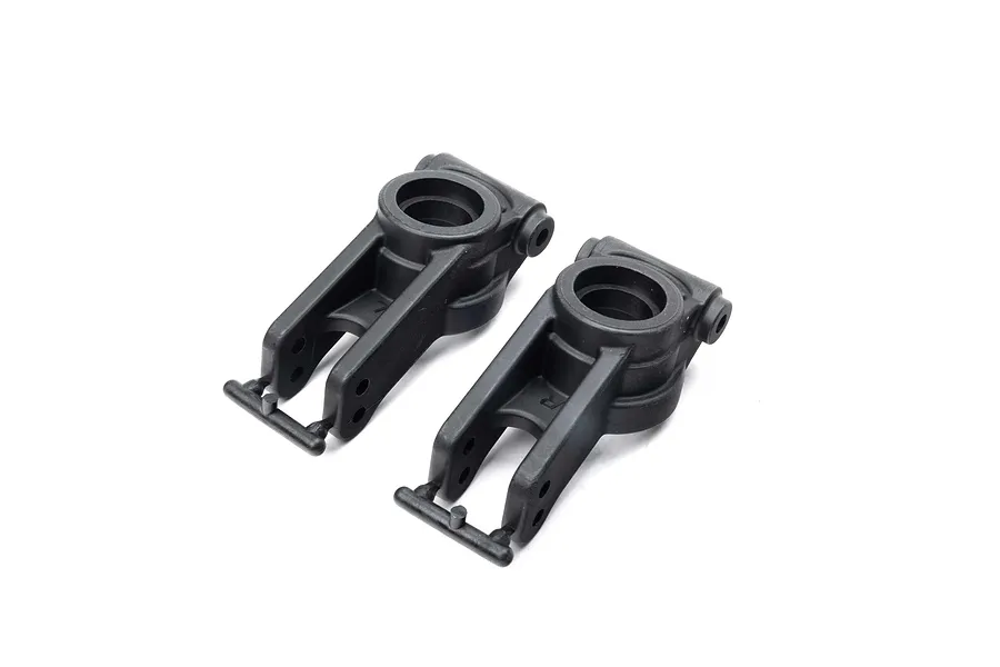Two black plastic Losi 1/5 scale rear hub carriers shown from a high angle against a white background.
