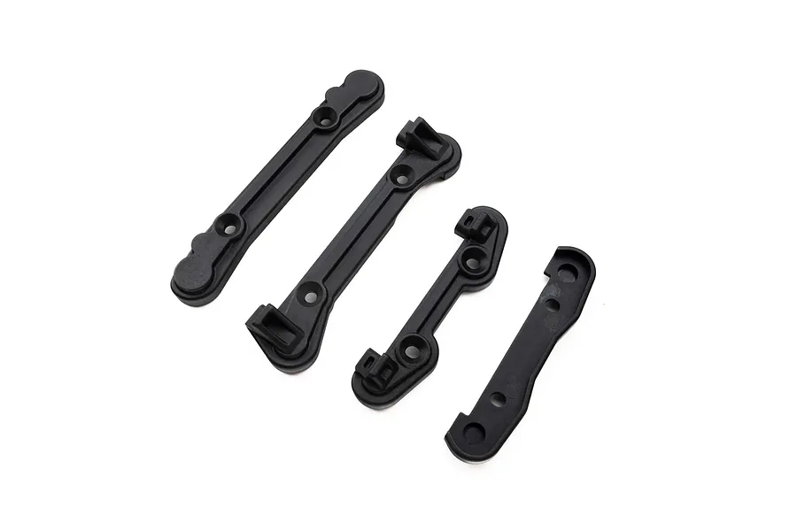 A set of four black plastic Losi 1/5 scale front and rear pin mount covers arranged diagonally on a white background.
