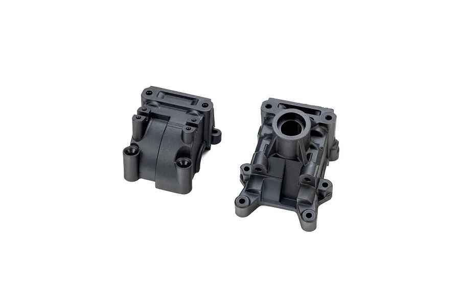 Two black plastic Losi 1/5 scale front transmission case halves shown from different angles against a white background.