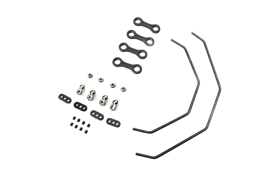 Losi 1/5 scale RC sway bar set including two metal sway bars, plastic links, ball studs, and small grub screws on a white background.