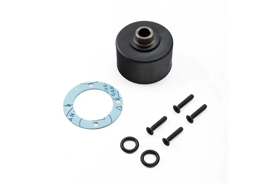Losi 1/5 scale differential case, blue paper gasket, two black rubber O-rings, and four black machine screws on a white background.