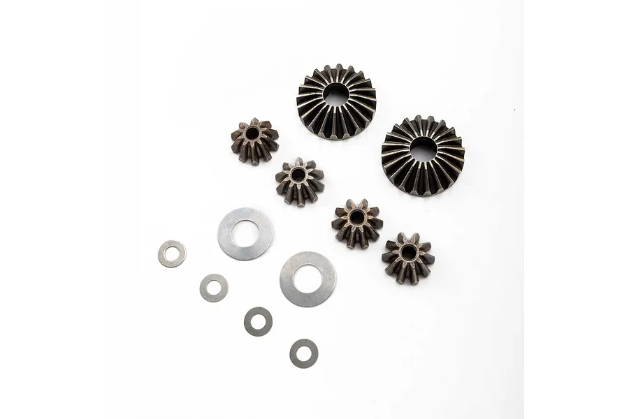 A set of Losi internal differential gears and metal shims arranged on a white background.