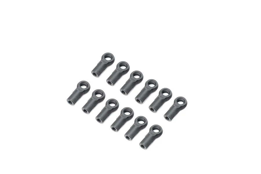 A set of twelve black plastic RC rod ends arranged in two rows of six on a white background.