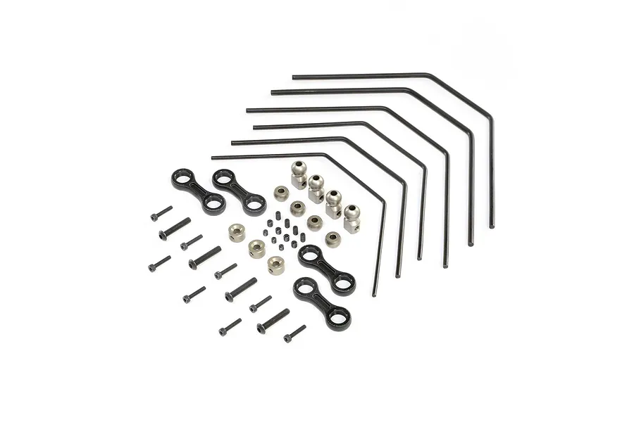 A set of TLR 1/8 scale RC sway bars including metal sway bar wires, black plastic links, metal ball studs, collars, and various small screws.