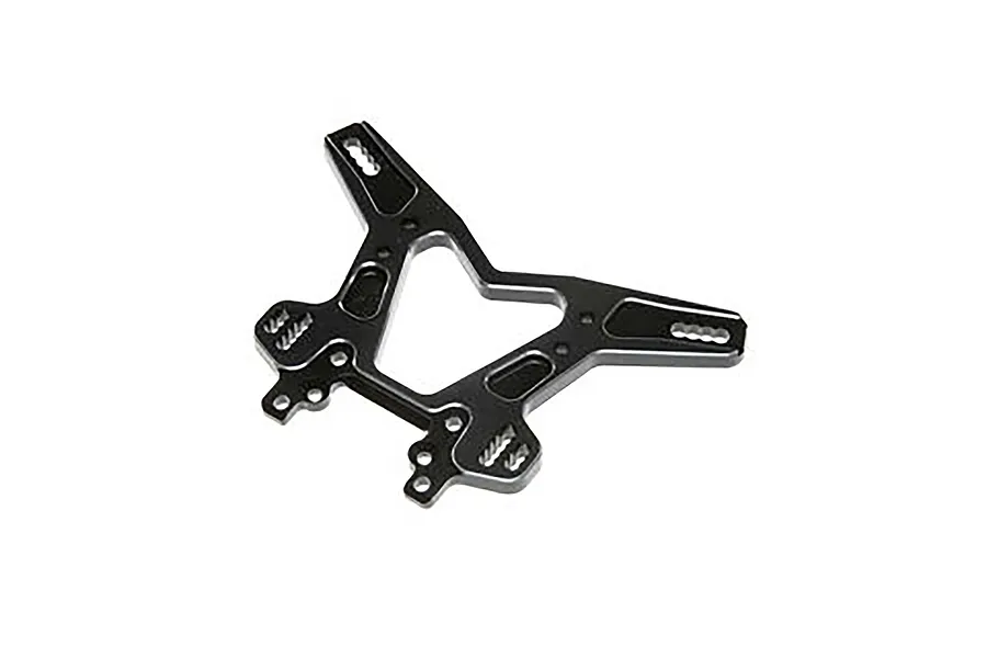 A black anodized aluminium front shock tower for a 1/8 scale RC vehicle, featuring multiple mounting holes and a lightweight, cut-out design.