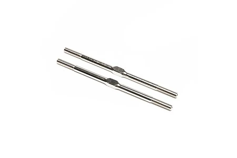 Two silver metal RC turnbuckles with threaded ends and a central hexagonal adjustment section, isolated on a white background.