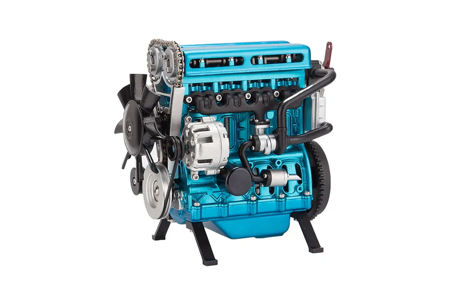 A studio shot of a blue Teching DM111 turbocharged four-cylinder engine model kit on a white background.
