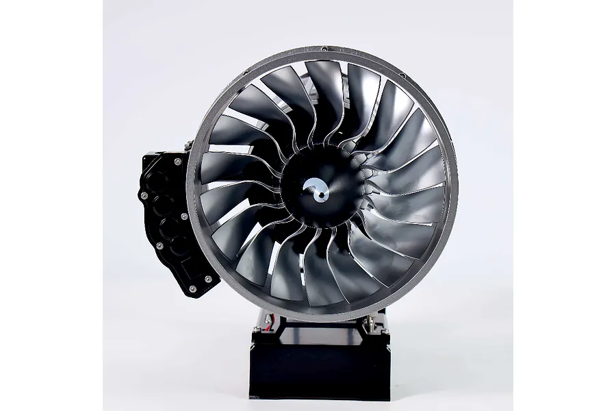 Front view of a Teching DM121 civil turbofan engine model kit showing the large fan blades and black mounting base against a white background.