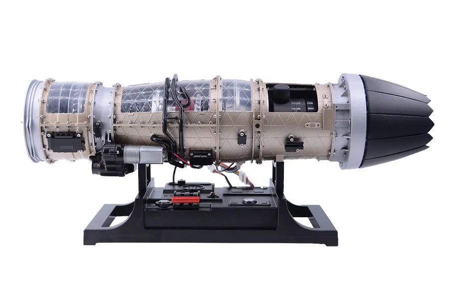 A side view of the Teching DM135 small bypass turbofan engine model kit mounted on a black display stand against a white background.