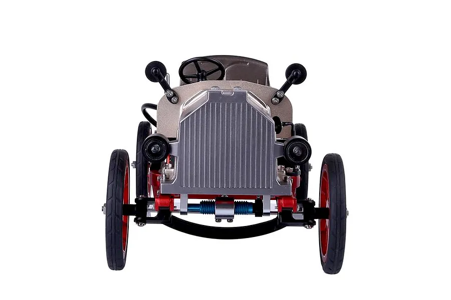 Front view of a Teching DM227 classic car metal model kit featuring a silver radiator grille, red wheels, and black steering wheel.