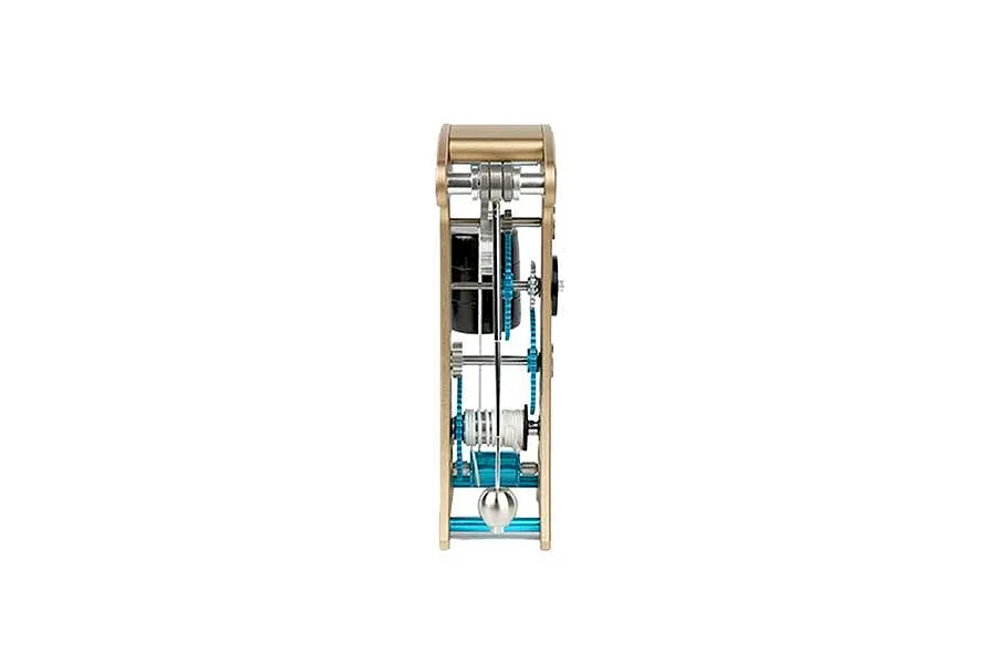Side view of the Teching DM335 Galileo Pendulum Clock metal model kit showing the internal gear mechanism, pendulum, and frame.