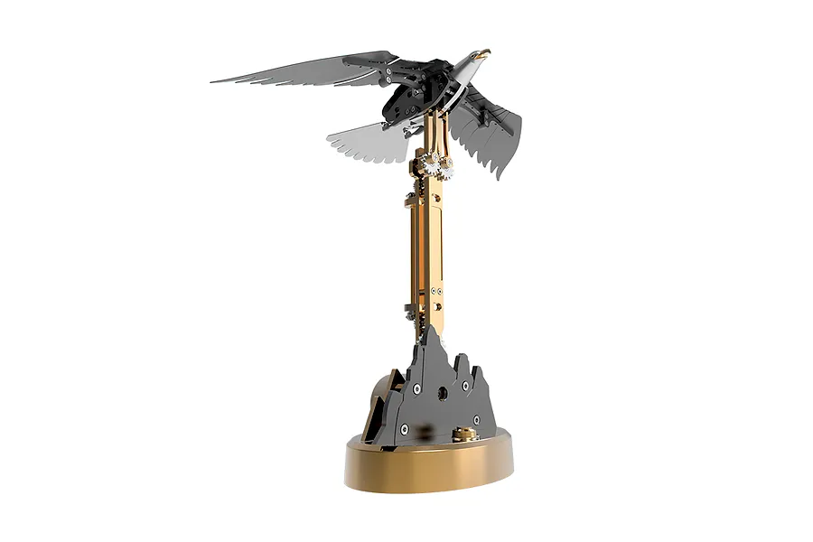 A Teching DM337 metal eagle model kit featuring a mechanical eagle perched on a gold-colored stand with visible gears and structural components.