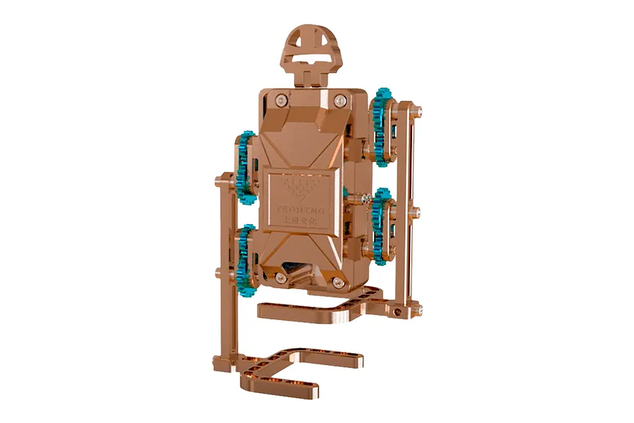 A copper-colored metal Teching DM520 walker robot model kit with blue gears, shown against a white background.