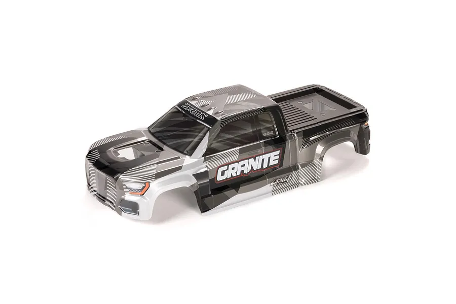 ARRMA 1/10 Granite 4X4 painted clipless RC truck body shell in gunmetal grey with black and white graphic patterns.
