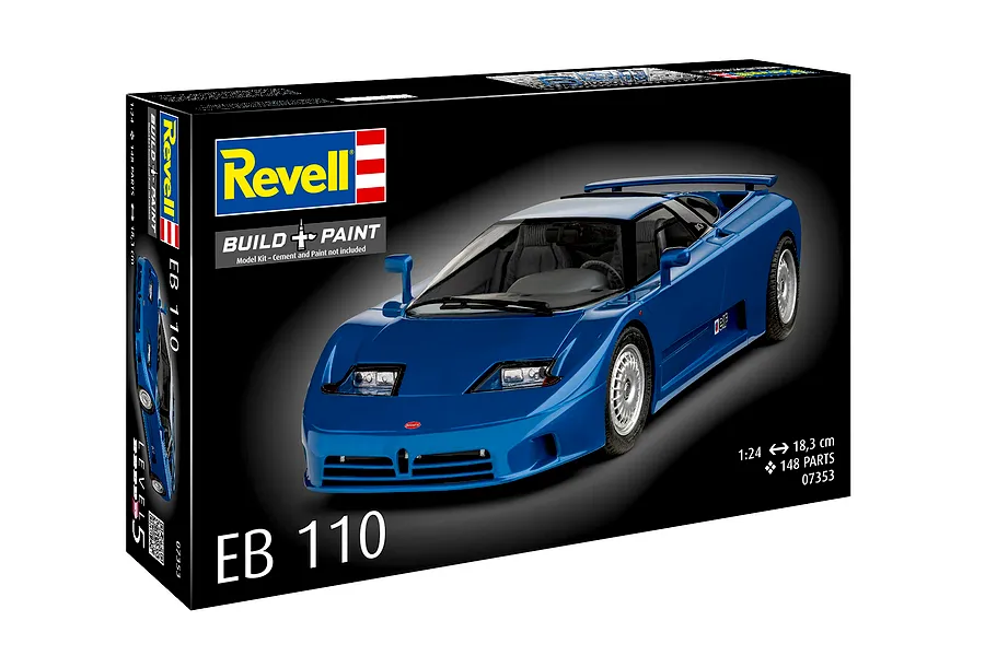 Revell 1/24 scale Bugatti EB 110 plastic model car kit box, featuring a blue Bugatti sports car on a black background.