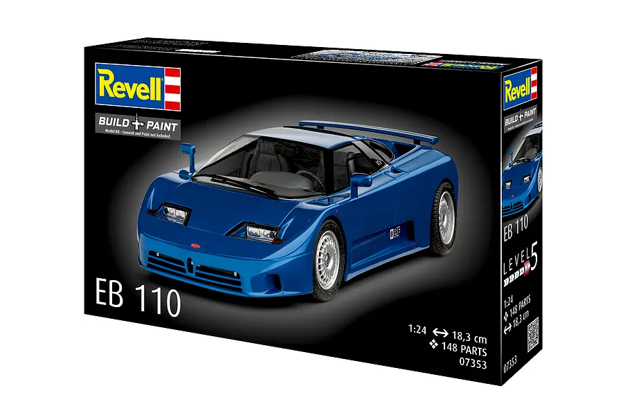 Revell 1/24 scale Bugatti EB 110 plastic model kit box showing a finished blue model car on the front.