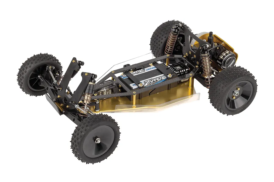 Team Associated RC10 1991 Stealth Las Vegas Edition 2WD RC buggy chassis with gold anodized aluminum tub and carbon fiber components.
