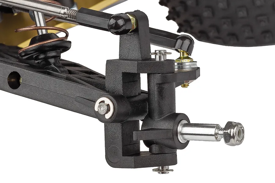 Close-up of the front suspension and steering knuckle assembly on a Team Associated RC10 buggy.