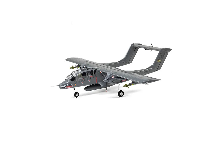 E-Flite Micro OV-10 Bronco RC plane in grey livery with shark mouth nose art, viewed from a high front angle against a white background.