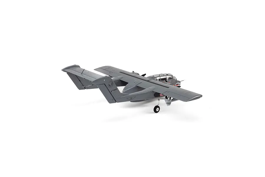 Rear three-quarter view of the E-Flite Micro OV-10 Bronco RC plane in grey livery on a white background.