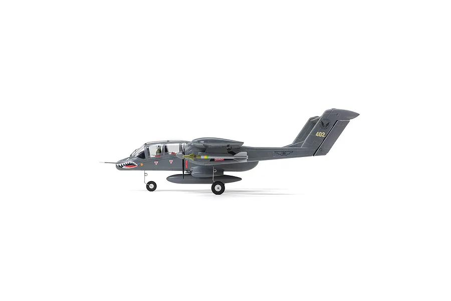 Side profile view of the E-Flite Micro OV-10 Bronco RC plane in grey livery with shark mouth nose art and landing gear deployed on a white background.