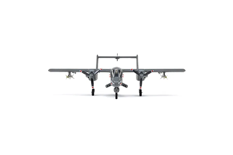 Front view of the E-Flite Micro OV-10 Bronco RC plane, featuring a grey finish, shark mouth nose art, and twin propellers against a white background.