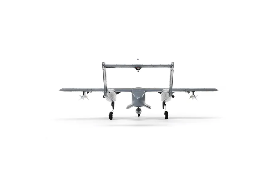 Front view of the E-Flite Micro OV-10 Bronco RC plane, showing its twin-boom design, grey finish, and landing gear against a white background.