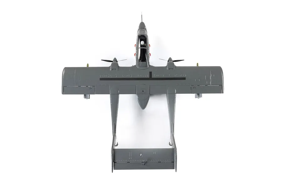 Top-down view of the E-Flite Micro OV-10 Bronco RC plane in grey finish against a white background.