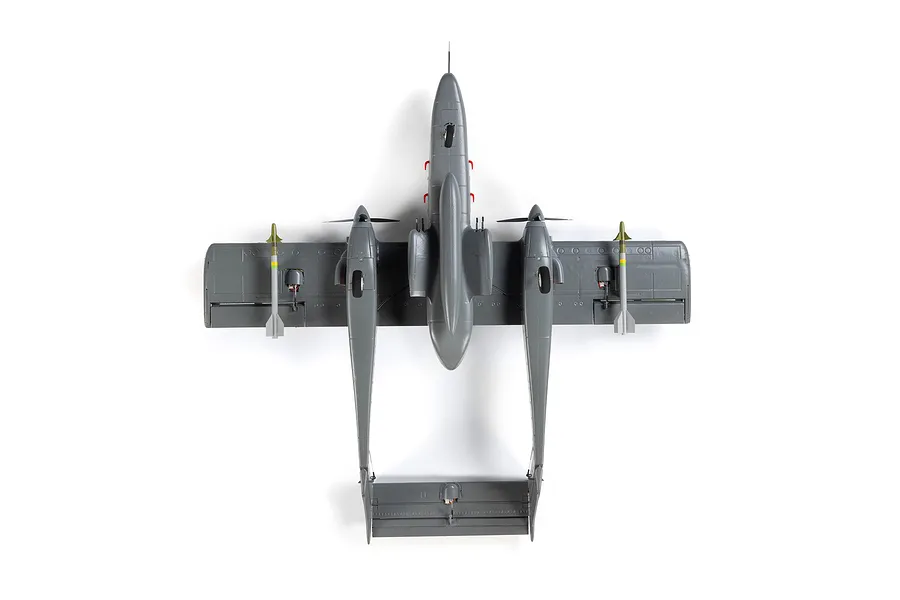 Top-down view of the E-Flite Micro OV-10 Bronco RC plane in grey, featuring twin booms and underwing missiles.