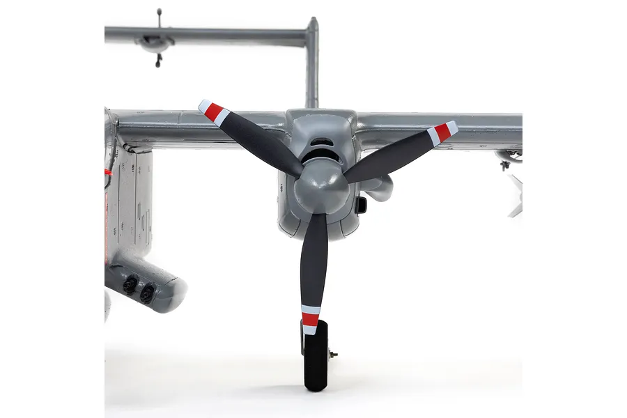 Front view of the E-Flite Micro OV-10 Bronco RC plane showing the propeller, wing, and landing gear against a white background.