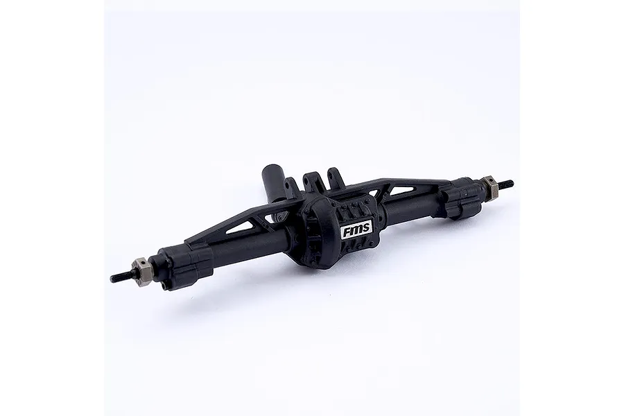 A black FMS branded RC rear axle assembly featuring a central differential housing and wheel hex nuts on a white background.