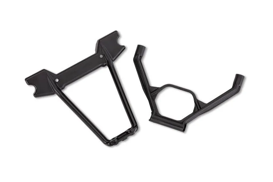 Two black plastic Traxxas rear bumper mount and brace components isolated on a white background.