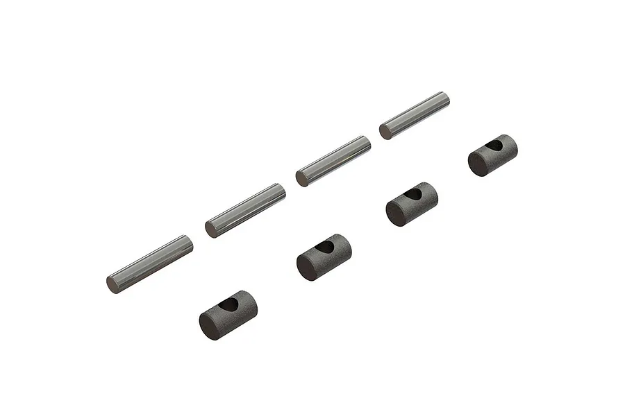 A set of ARRMA CVD pins and associated cylindrical components arranged on a white background.