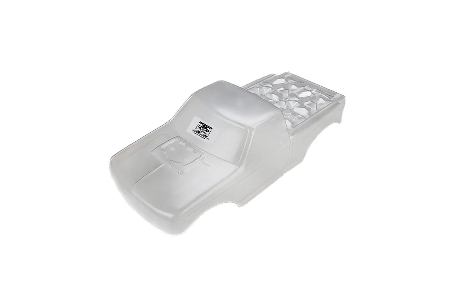 A clear, unpainted Pro-Line Brunt RC truck body shell viewed from a high angle against a white background.