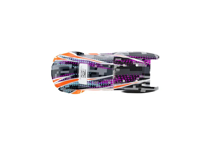 Top-down view of a Pro-Line 1/16 Brute RC truck body shell featuring a digital camo pattern in grey, black, orange, and purple.