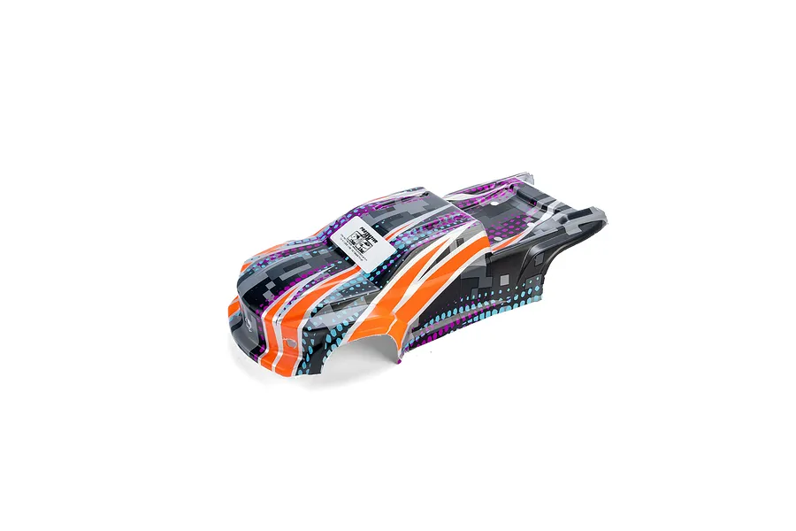 Pro-Line 1/16 Brute truck body shell featuring a digital camo pattern in orange, purple, black, and light blue on a white background.