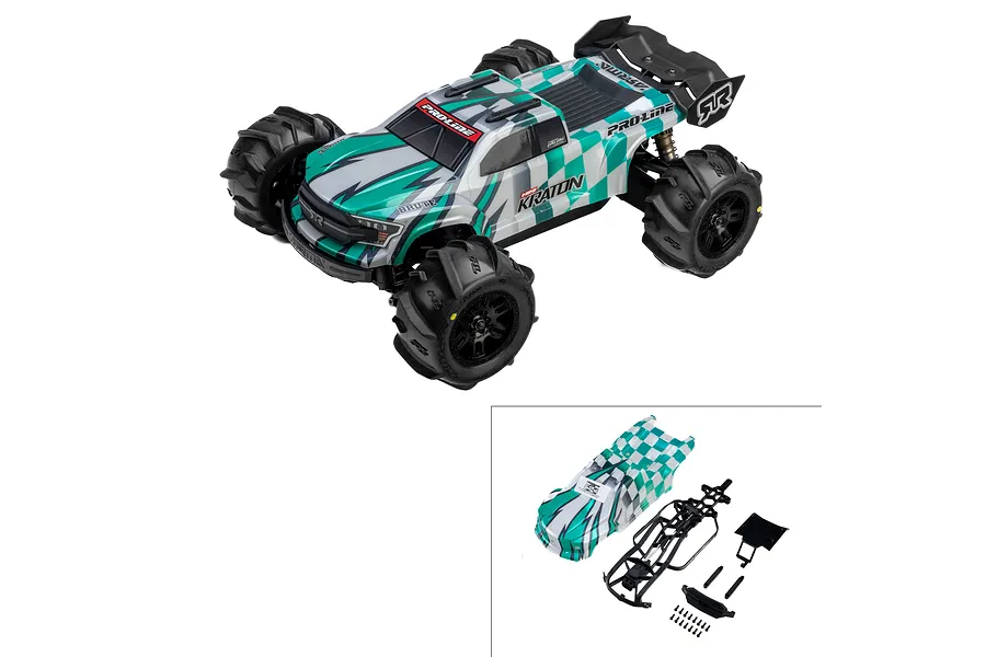 Pro-Line Brute body shell for 1/16 Arrma Mini Kraton, shown installed on a truck and as a separate kit with mounting hardware.
