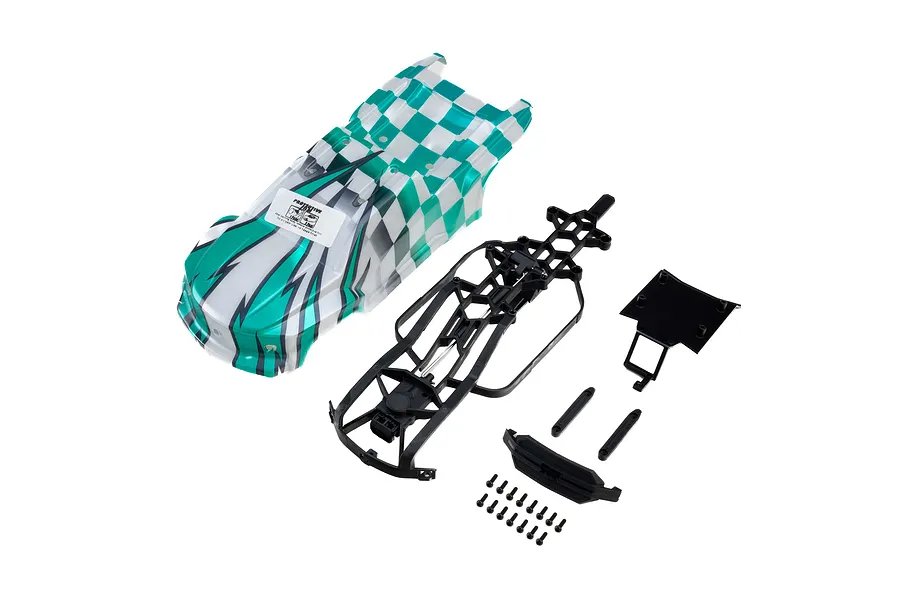 Pro-Line 1/16 Brute body shell with green and white checkered pattern, including black plastic internal mounting frame, bumper, and screws.