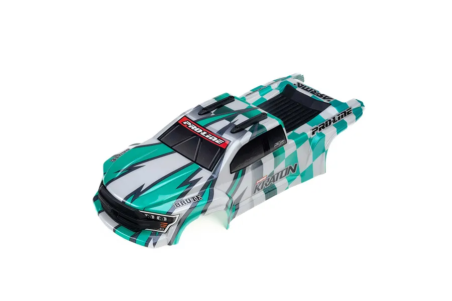 A Pro-Line Brute body shell for a 1/16 scale RC truck, featuring a teal and white checkered Checkmate paint scheme with Pro-Line and Mini Kraton branding.