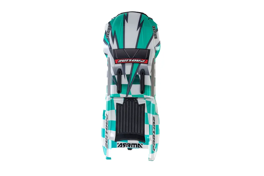 Top-down view of a Pro-Line 1/16 Brute RC truck body shell with a teal, white, and black checkered and lightning bolt design.