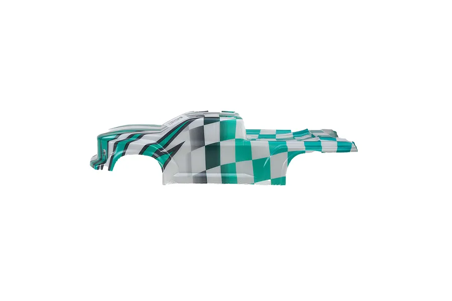 Side view of a Pro-Line 1/16 Brute RC truck body shell featuring a green and white checkered pattern and black graphic accents on a white background.