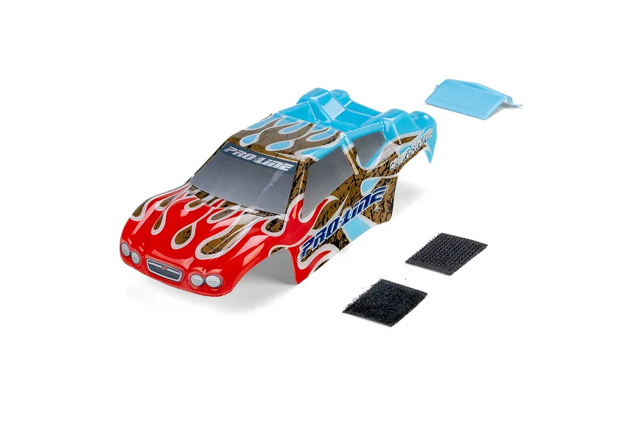 Pro-Line Crowd Pleazer painted body shell for 1/28 scale RC truck with red, blue, and gold flame graphics, including a small spoiler and velcro strips.