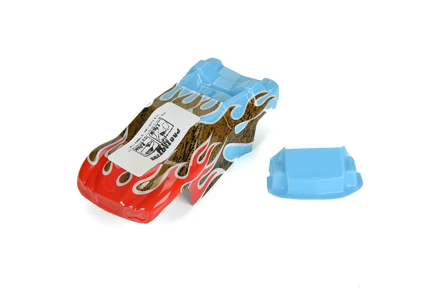 Pro-Line 1/28 Micro-T Crowd Pleazer body shell with flame graphics and a separate blue wing component on a white background.