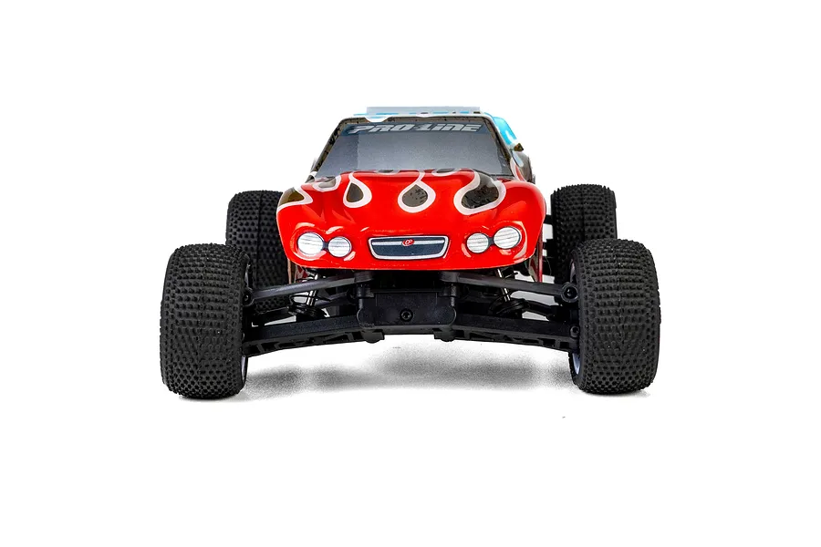 Front view of a 1/28 scale RC truck with a red and white flame-patterned body shell, mounted on a black chassis with knobby rubber tires.