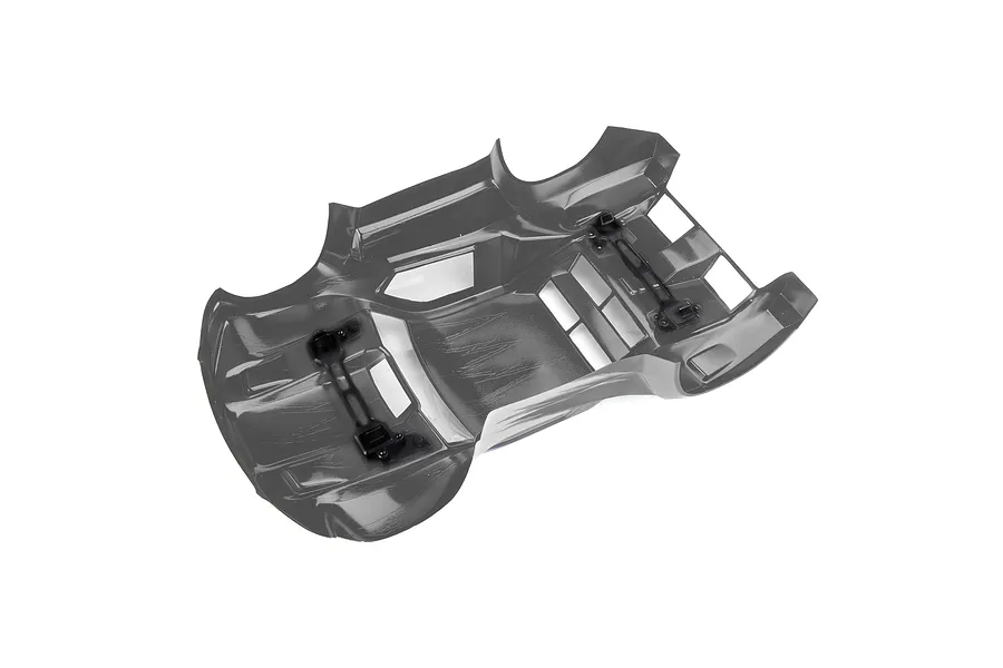 An unpainted clear polycarbonate RC short course truck body shell viewed from the underside, showing the clipless mounting hardware attached.
