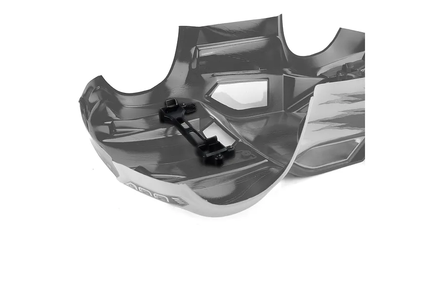 Underside view of a clear, unpainted Pro-Line Pulse RC short course body shell showing the clipless mounting hardware attached.