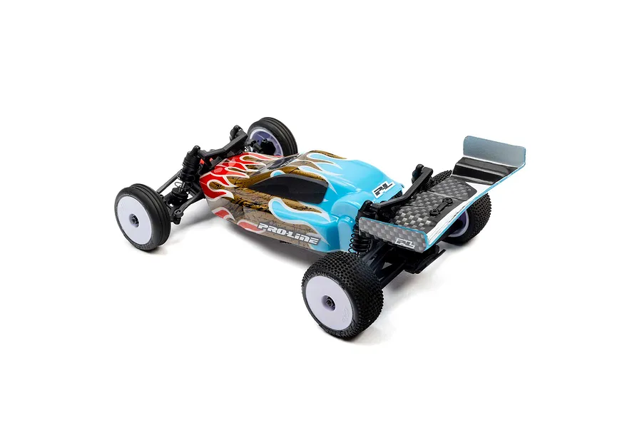 Pro-Line 1/28 Micro-B buggy with a blue, brown, and red flame-patterned body shell, white wheels, and a rear wing on a white background.