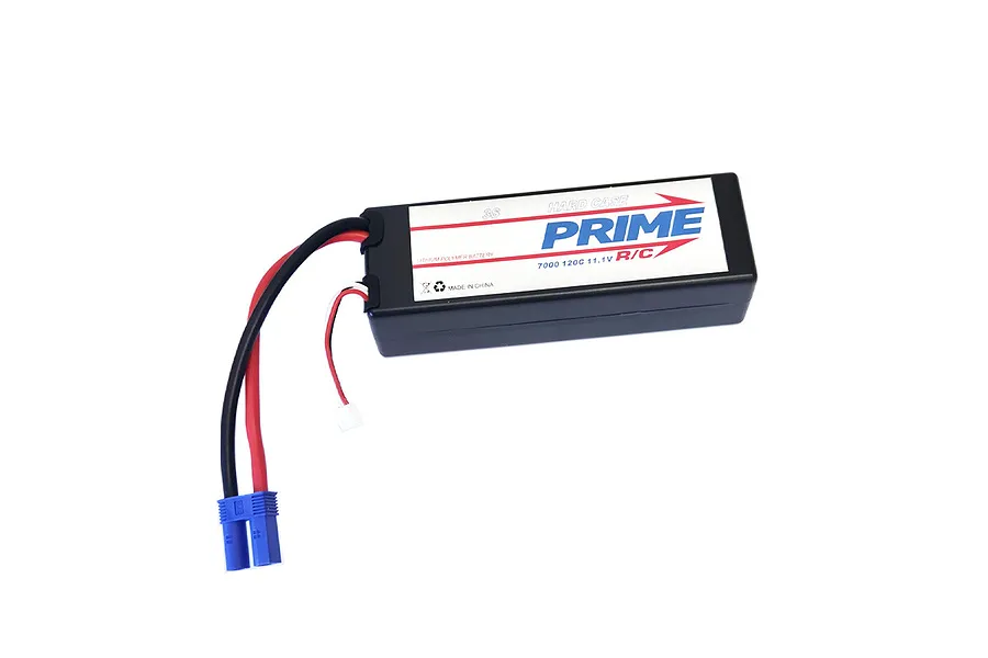 Prime RC 11.1V 7000mAh 120C 3S hard case LiPo battery with blue EC5 connector and balance lead against a white background.