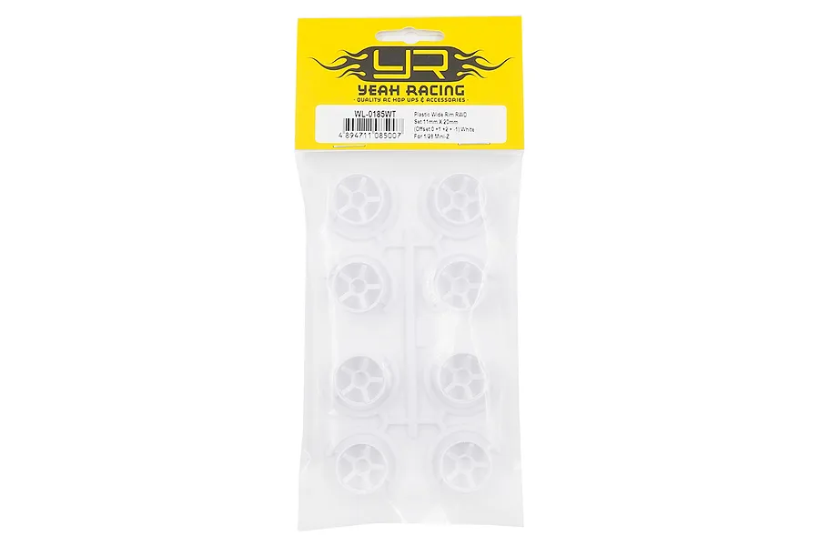 A sealed plastic bag containing eight white plastic RC car rims on a sprue, with a yellow Yeah Racing header card.